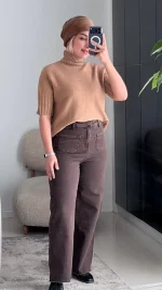 شلوار جین واید لگ قهوه ای کاکائو